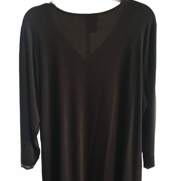 Citiknits 3/4 Sleeve Lace Trim V-neck Top Brown 1X - Picture 2 of 5